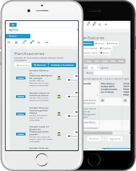 Pantallas en dispositivo móvil del CRM y gestión de inmobiliarias IA Gestión